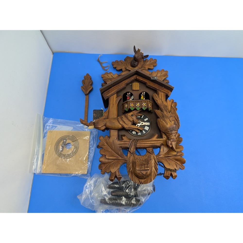 Vintage Black Forest German Cuckoo Clock Hunter Lodge Dancers For Parts
